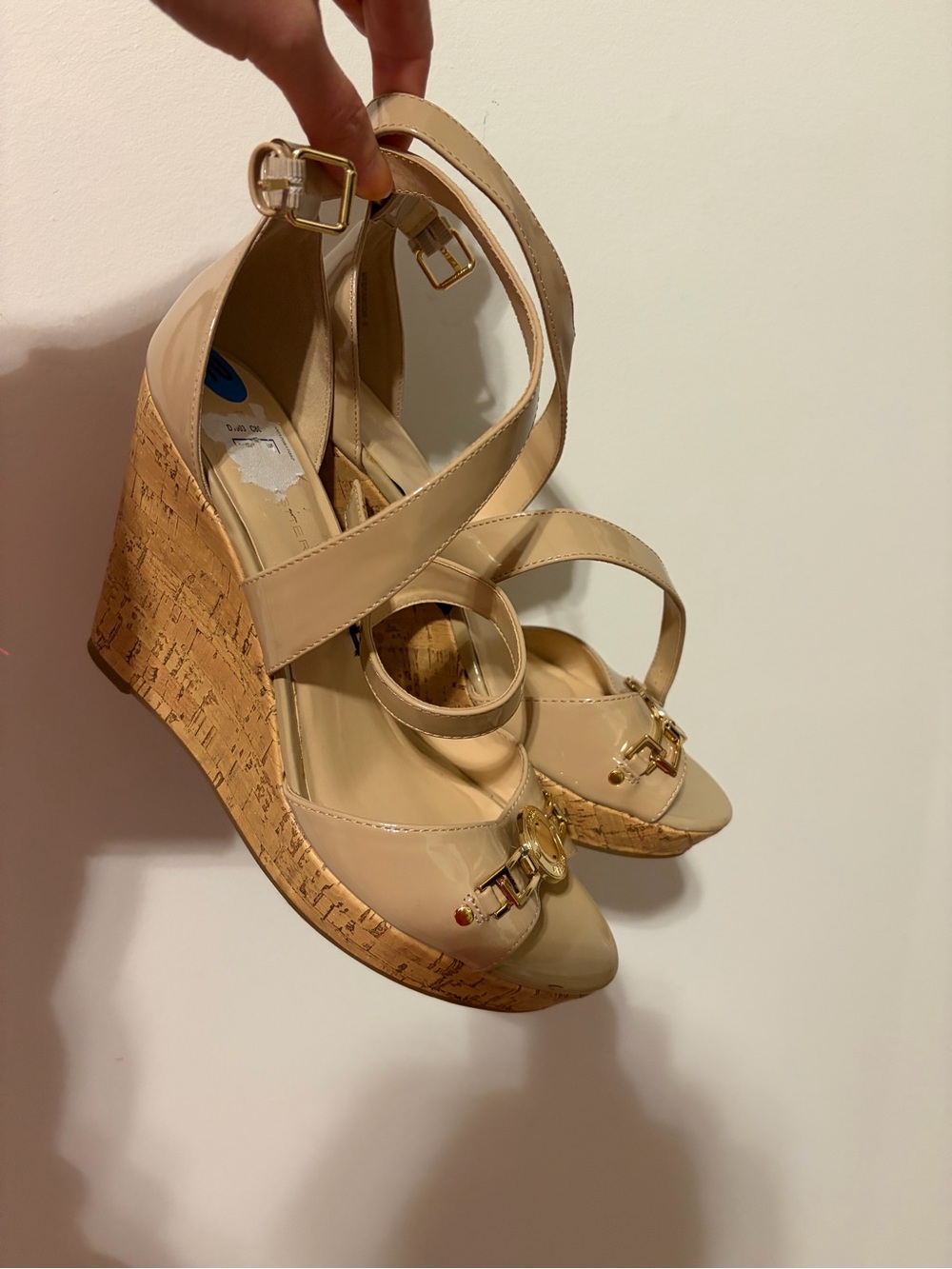 Michael Kors Beige Patent Cork Wedge Sandals with Gold Hardware